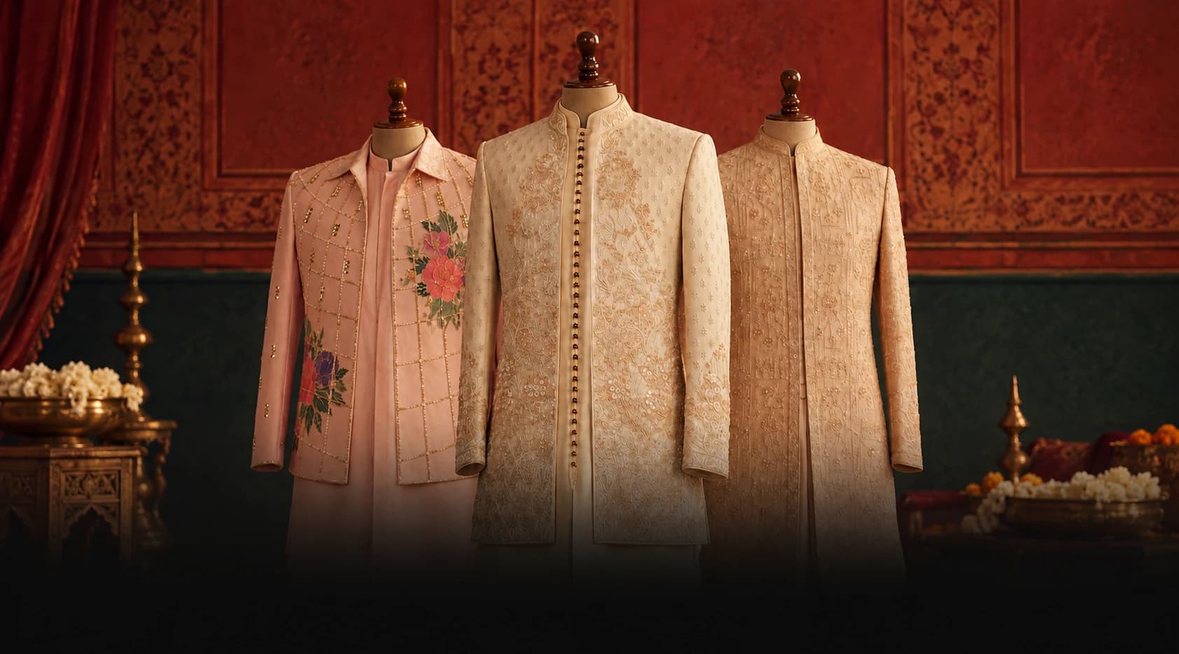 Three formal royal sherwanis displayed on tailor mannequins