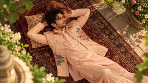Relaxed bridal couture portrait in blush palette
