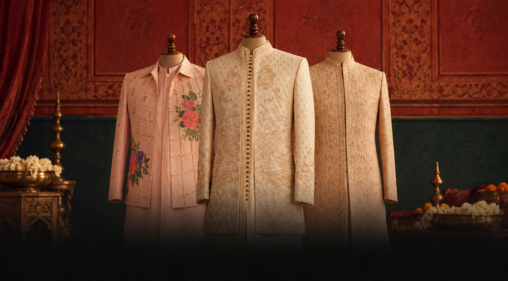 Three formal royal sherwanis displayed on tailor mannequins